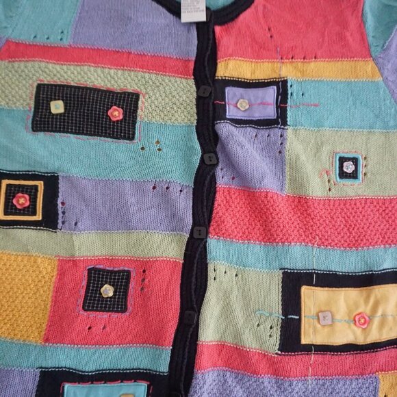 Koret Teal Pink Colorblock Cotton Blend Patchwork Button Up Cardigan Sweater M - Picture 7 of 12